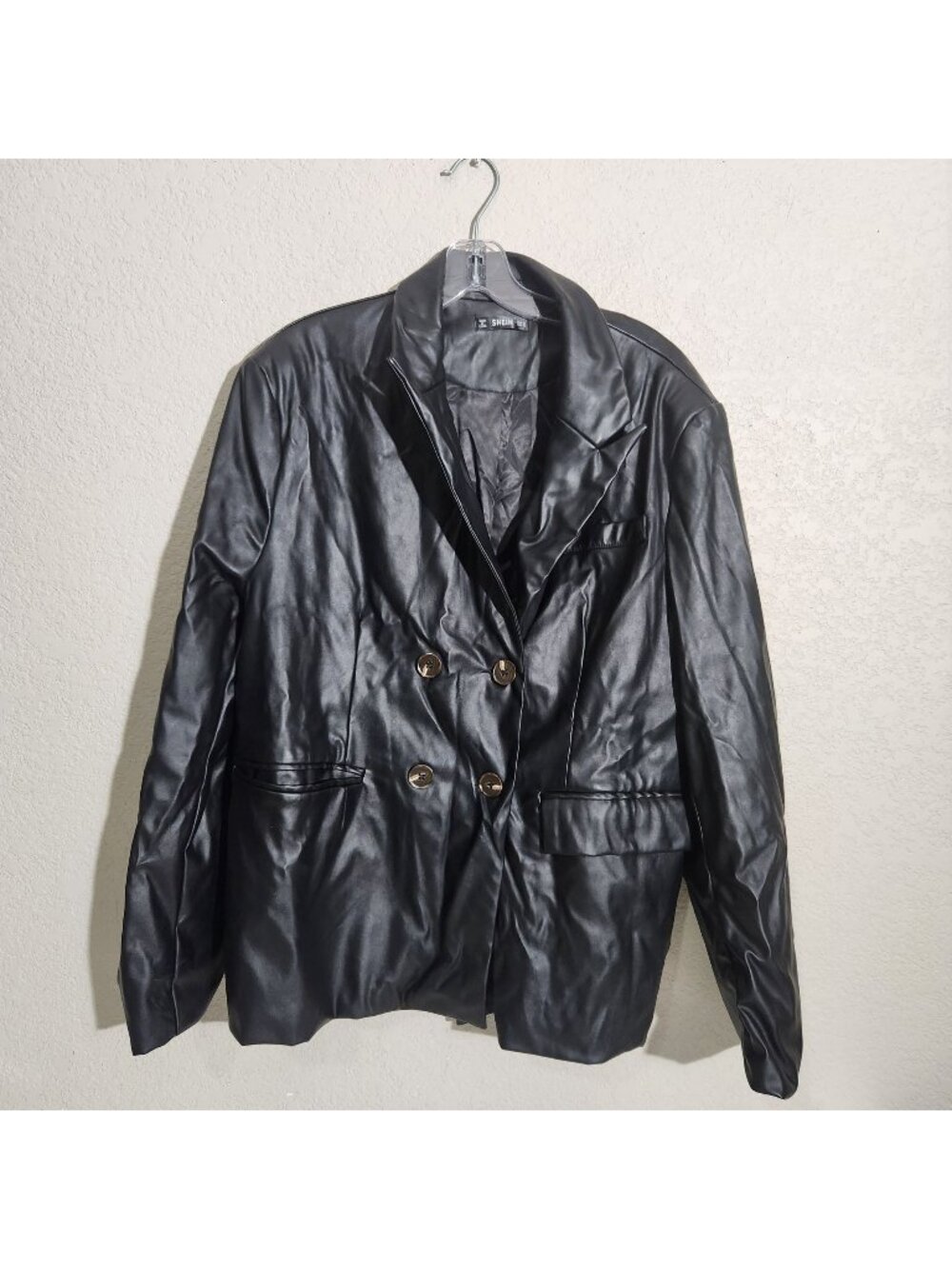 Shein Womens Faux Leather Double-Breasted Blazer Jacket XL Black Modern Moto